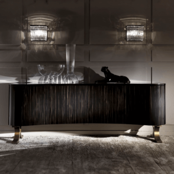 Distinguished DV Home Collection Form sideboard with quilted leather doors and ebano macassar veneered structure in glossy dark brown finish