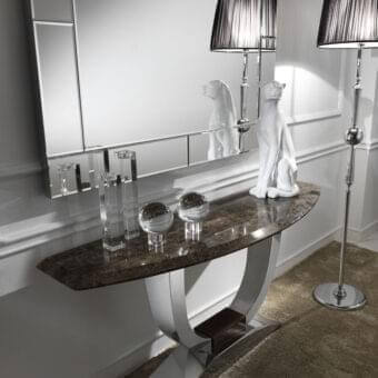 Exceptional DV Home Collection Hermes console with a semi-oval marble top and lustrous stainless steel pedestal base
