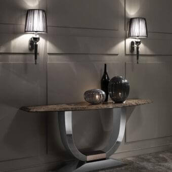 Exclusive DV Home Collection Hermes console with mottled brown wood and mirrored stainless steel arches built in a polished finish