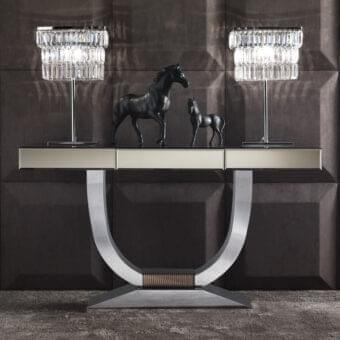 Superior DV Home Collection Hermes console with bevelled mirror accents and polished stainless steel base in neutral beige