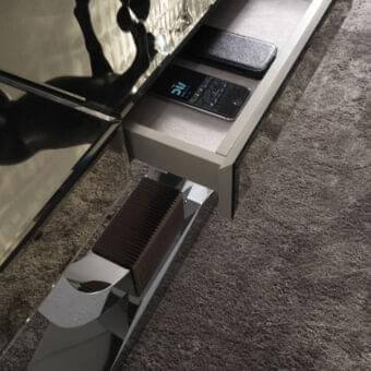 Superior DV Home Collection Hermes console crafted with bevelled mirror and a sleek stainless steel base with a Blumotion drawer