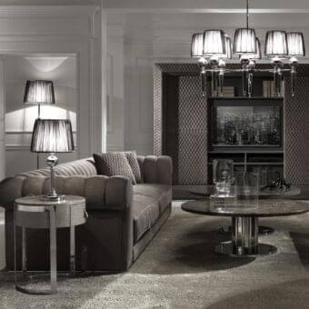 Distinguished DV Home Collection Kent sofa upholstered in smooth matte taupe textile with chrome metal base