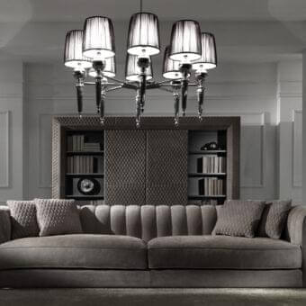 Lavish DV Home Collection Kent sofa with muted gray textile upholstery and chrome finished metal base