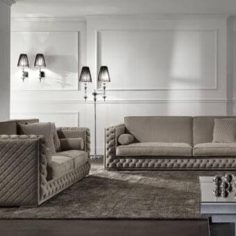 Superior DV Home Collection sofa with muted taupe velvet upholstery and quilted button-tufted detailing