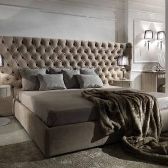 Exceptional DV Home Collection Vogue bed with plush matte fabric upholstery and a dramatically tufted headboard
