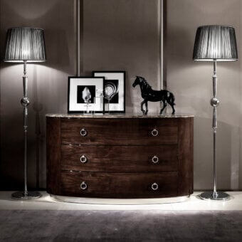 Superior DV Home Collection Vogue dresser with cacao walnut structure and contrasting light-toned top with stainless steel base