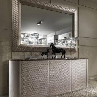 Exceptional DV Home Collection Vogue sideboard with quilted warm gray leather doors and shining lacquered surface