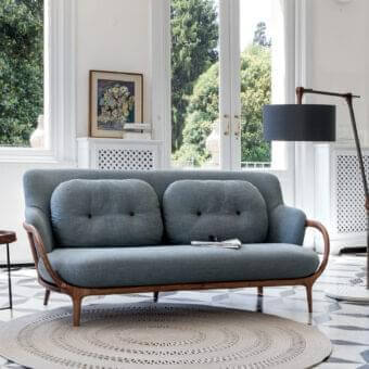 Exceptional Porada Gary floor lamp with bronzed brass tubular frame, Canaletto walnut junctions and Carrara marble base, finished with a dark grey cotton shade