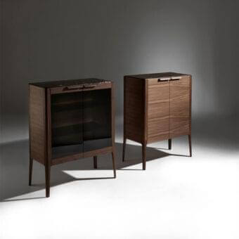 Lavish Porada Atlante cupboard built in canaletta walnut with smoked glass doors and brown emperador dark marble