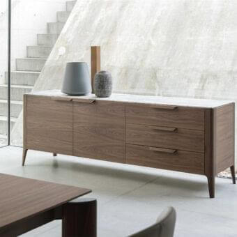Exceptional Porada Atlante sideboard with canaletto walnut frame, white Calacatta Gold marble top and tapered legs in matte finish