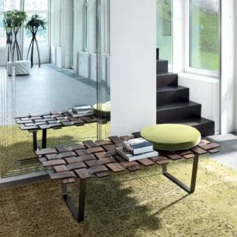 Superior Porada Belt bench with woven solid canaletto walnut and refined grey pewter metal base, topped with green Extra Leather cushion
