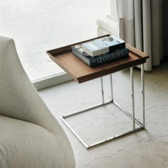 Elegant Porada Cucu side table with canaletta walnut tabletop and chrome-plated metal base built with a removable tray