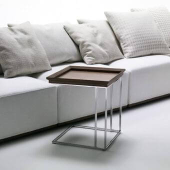 Exceptional Porada Cucu side table crafted with canaletta walnut and a chrome-plated metal frame in dark brown finish