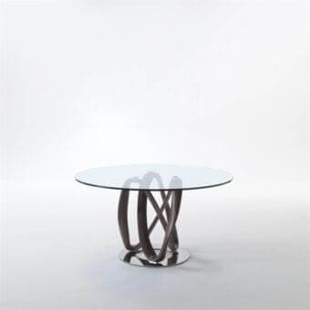 Captivating Porada Infinity table with clear tempered glass and a sculptural Canaletto walnut wengé stained base with chrome plated finish