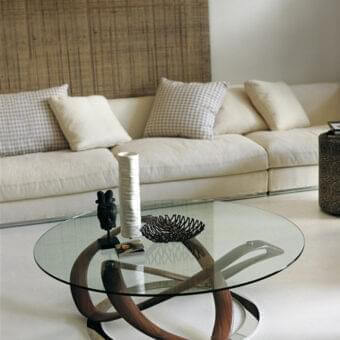 Distinguished Porada Infinity coffee table with clear tempered glass and Canaletta Walnut featuring a Wengé stained finish