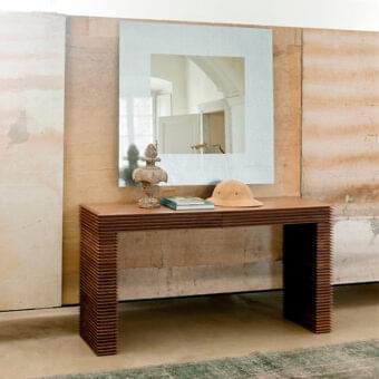 Distinguished Porada Linka console crafted in canaletto walnut with horizontal slats and a lighter toned tabletop finish