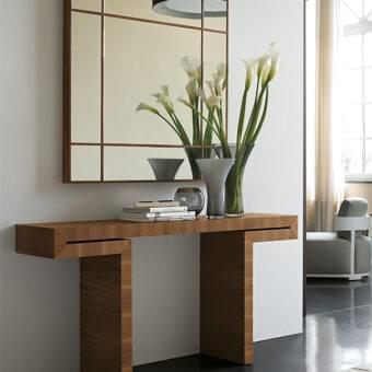 Elegant Porada Miyabi console crafted in canaletto walnut with smooth finish and continuous veneer