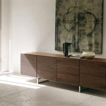 Elegant Porada Riga sideboard with horizontal canaletto walnut slats and polished metal legs in a matte finish