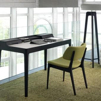 Elegant Porada Saffo desk crafted in canaletto walnut with a matt lacquered dark tone finish and hide leather pad
