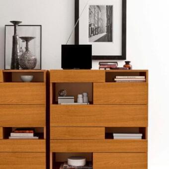 Innovative Presotto Wing dresser with wood particleboard structure and MDF drawers in medium-toned brown matt lacquer finish