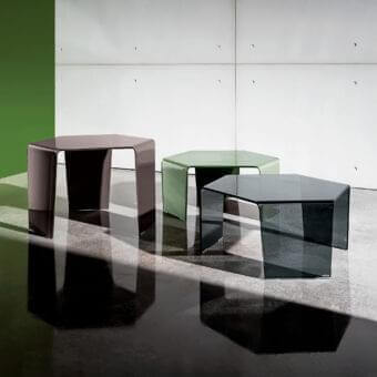 Distinguished Sovet Italia coffee table with hexagonal bent glass tabletop in muted plum and minimally visible dark frame