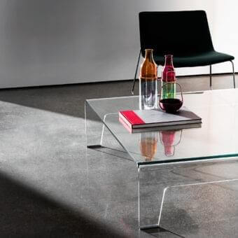 Exclusive Sovet Italia Frog coffee table with extralight bent glass structure and seamless angled legs
