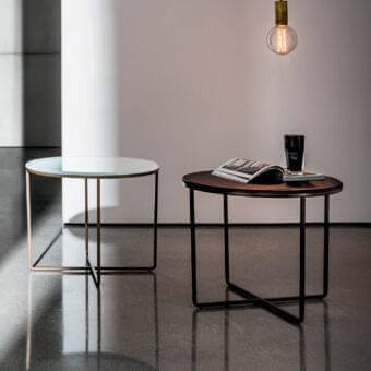 Exclusive Sovet Italia Piktor side table with clear glass top and gold-toned metal X-shaped base in satin finish