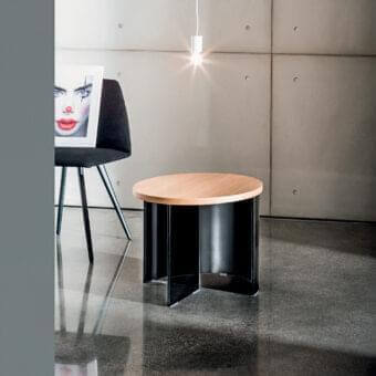 Superior Sovet Italia Regolo coffee table with a round wood top and smoked glass with black lacquered laminated glass base
