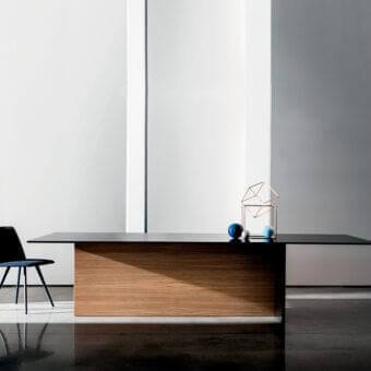 Superior Sovet Italia Regolo table with black lacquered glass tabletop and natural wood grain base in a matte finish