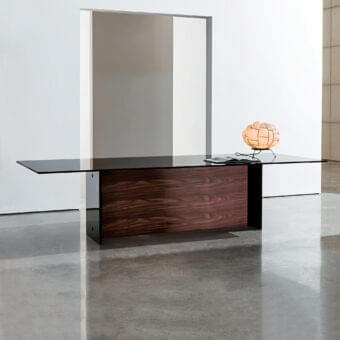 Elegant Sovet Italia Regolo table with extra light smoked laminated glass top and glossy dark wooden base
