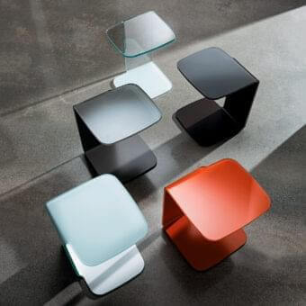 Elegant Sovet Italia Shell side table in bent extra-light glass with pale blue and white two-tone finish and satin sheen