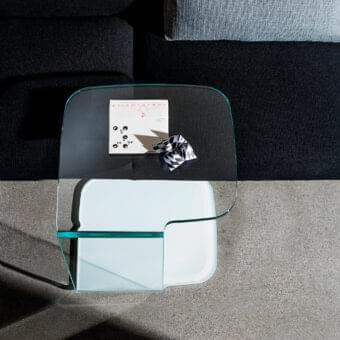 Captivating Sovet Italia Shell Side Table in bent extra light glass with lacquered bottom and frosted glass tier