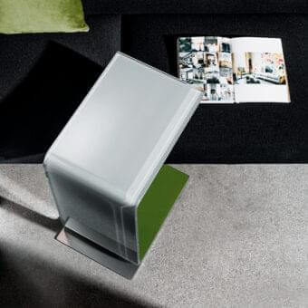 Distinctive Sovet Italia Swan side table with translucent white bent glass, green accent and polished metal base crafted in Italy