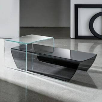 Exceptional Sovet Italia Taky coffee table in bent extra-light smoked glass with a raised clear glass cube accent