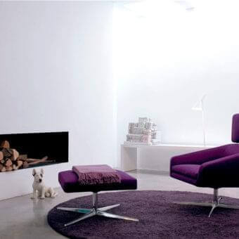 Exceptional Verzelloni Sillon lounge chair with adjustable backrest and ottoman in vibrant purple textile with matt white cast aluminum base