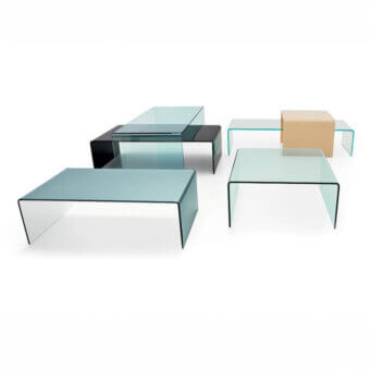 Elegant Sovet Italia Bridge Square coffee table in bent clear glass with a beige cube element