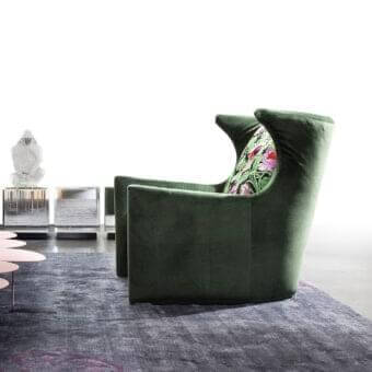 Distinguished Erba Ballaconme lounge chair with olive green fabric upholstery and bright chrome steel feet