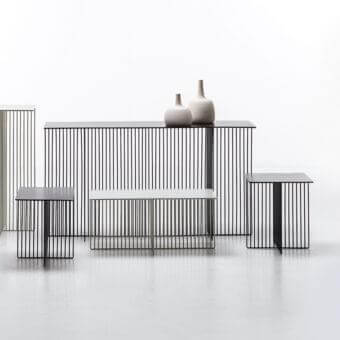Distinguished LaCividina Accursio console with robust tubular steel base and matte dark gray finish