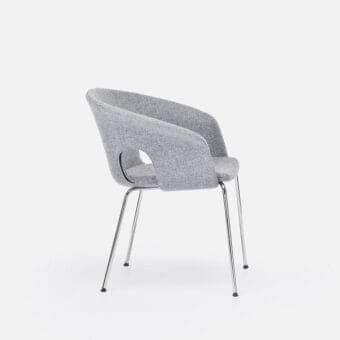 Stylish LaCividina Bennett armchair with molded plywood shell and light gray heathered textile upholstery with bright chrome metal legs