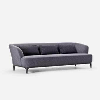 Sophisticated LaCividina Elle sofa with gently curved form upholstered in medium-dark fabric or leather and dark satin-finish painted wood base
