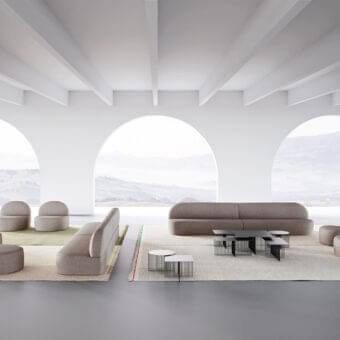 Exceptional LaCividina Guest ottoman with essential lines upholstered in light taupe textile and matte finish