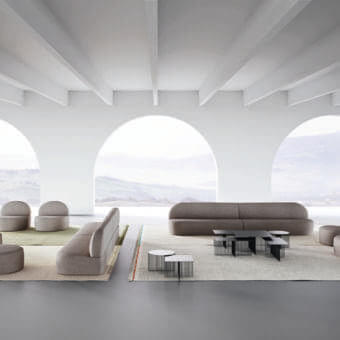 Elegant LaCividina Guest sofa with twenty-two modular elements upholstered in matte muted gray-brown textile material