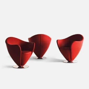 Exceptional LaCividina Mon Petit Coeur lounge chair with heart-shaped form upholstered in vibrant red textile with matte finish
