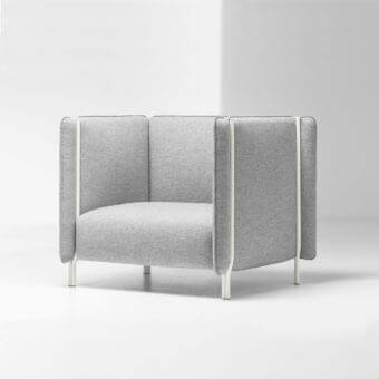 Sophisticated LaCividina Pinch Lounge Chair with light gray textured textile and satin-finish metal perimeter