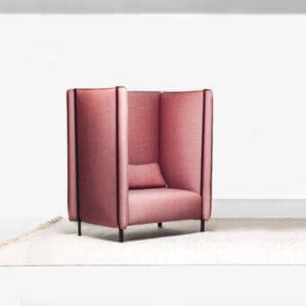 Sophisticated LaCividina Pinch lounge chair with rose woven upholstery and smooth dark-toned wood accents