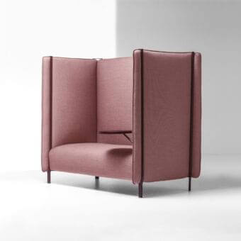 Exceptional LaCividina Pinch sofa with rose tubular metal frames and matte rose fabric upholstery built with an integrated side table