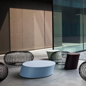 Superior LaCividina Scancaro coffee table crafted in sheet metal with MDF and felt, exhibiting a matte light blue finish