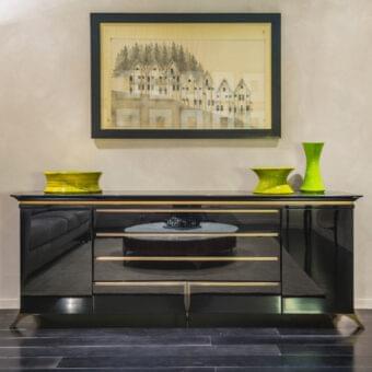 Elegant OAK Yuki sideboard with matt black lacquered wood and ebony finish, accented with bronzed brass fittings and glossy black drawers