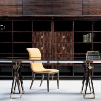 Superior OAK Kronos desk showcases reflective crystal glass insert with ebony finish and bronzed brass details
