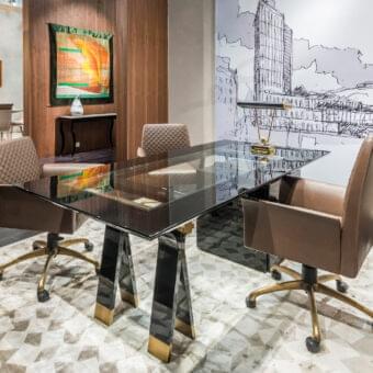 Superior OAK Kronos desk with crystal glass insert and ebony finished wood frame built with bronzed brass details